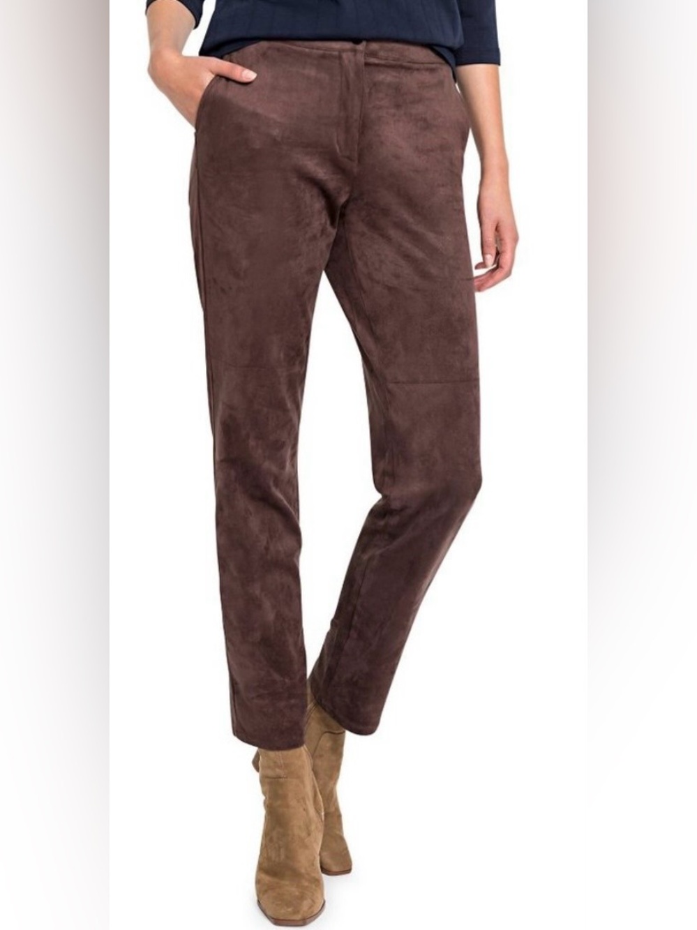 OLSEN Mona straight leg faux suede chocolate brown 2 pocket trousers NEW size 12